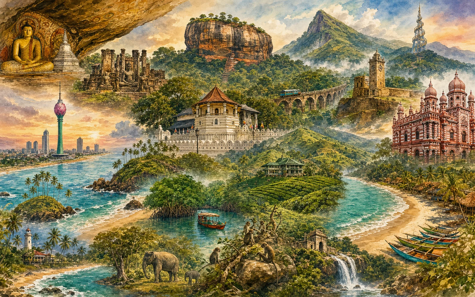 Hand-painted Sri Lanka travel artwork blending Sigiriya, temples, beaches, tea hills, bridges, Colombo, and island wildlife