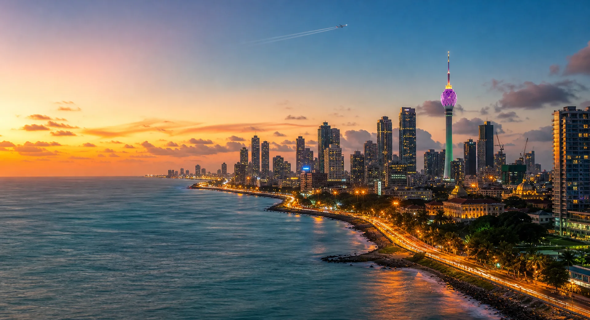 Evening Colombo skyline with Lotus Tower above the ocean for air ticket booking