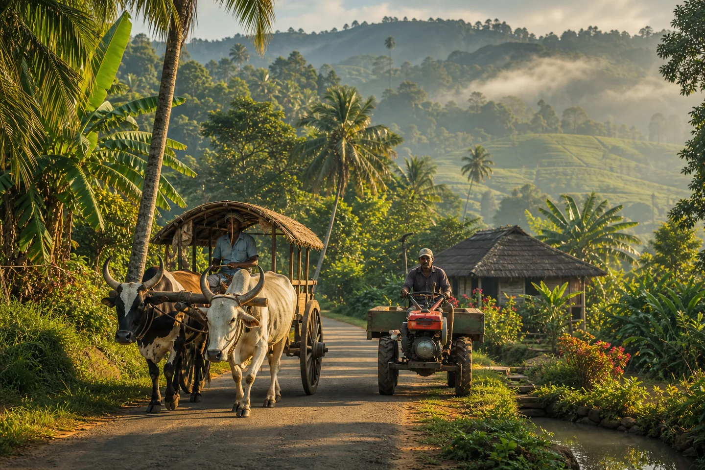 Bullock cart and land master ride through a Kandy village