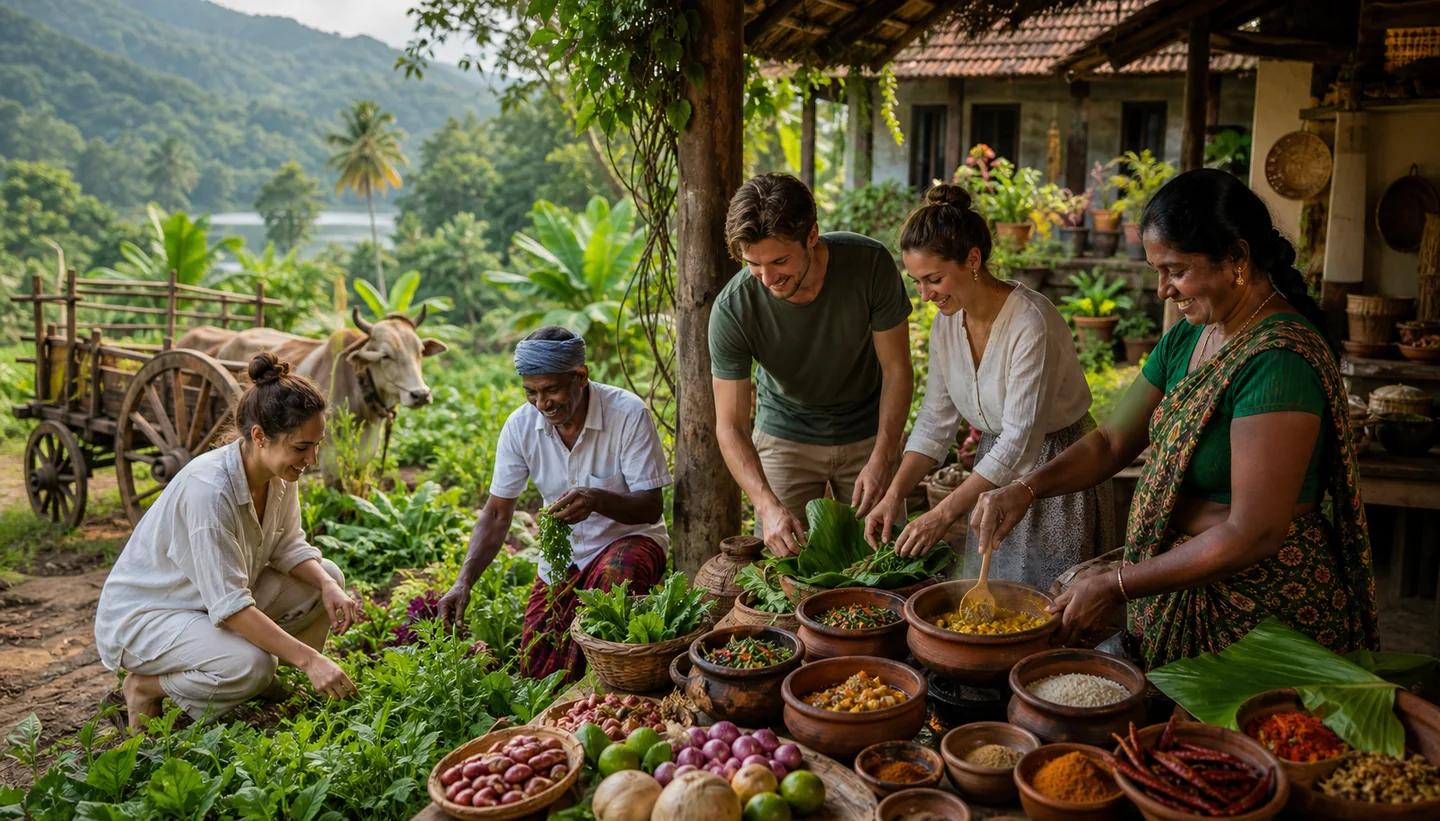 Guests picking vegetables and cooking Sri Lankan food with a village family