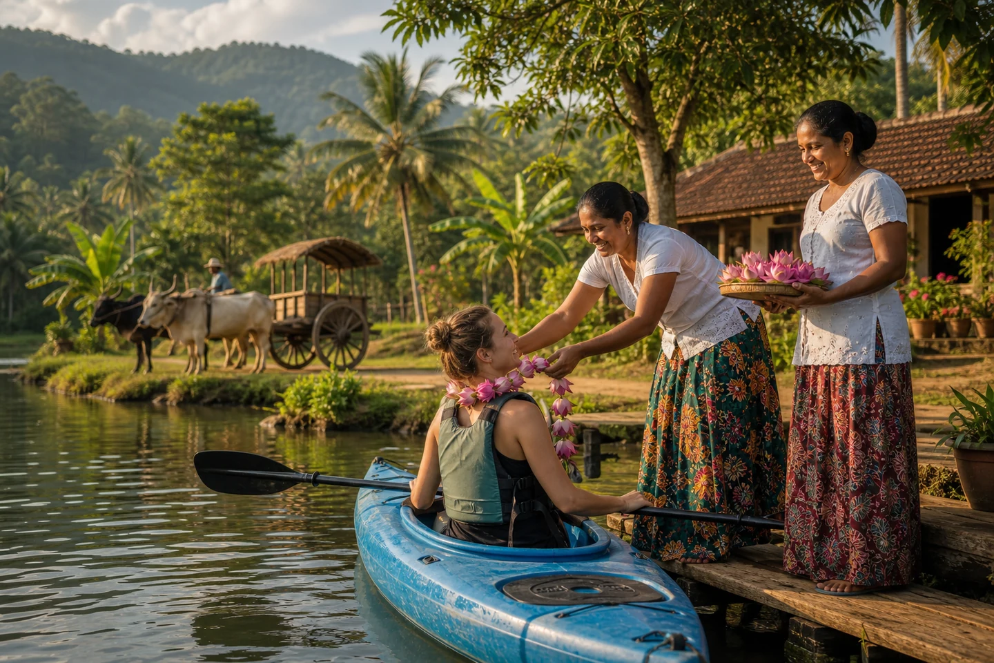 Kayak welcome with lotus garland beside a calm village lake